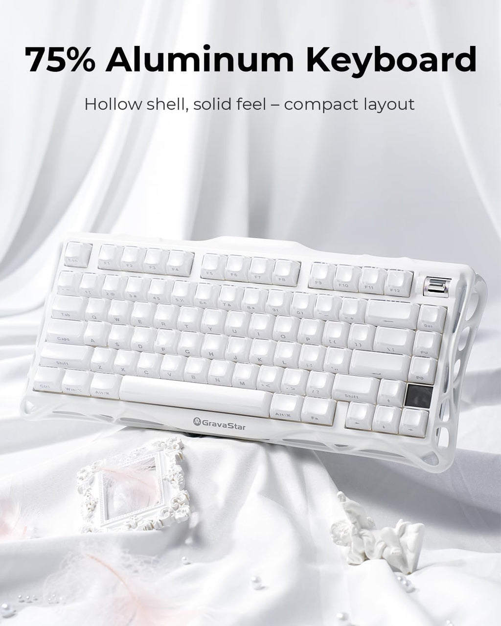 GravaStar Mercury K1 75% White Wireless Keyboard, Aluminum Alloy Exoskeleton Design Mechanical Gaming Keyboard, Gasket Hot-Swap Socket, Linear Switches, RGB Backlit