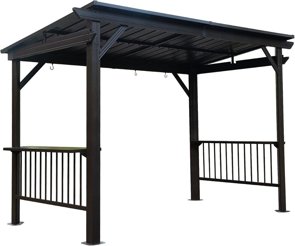 6.5x12 FT Hardtop Grill Gazebo with Sloping Steel Roof, Outdoor BBQ Canopy with 2 Side Shelves & Ceiling Hooks for Patio, Backyard (Grey, 6.5'x12')