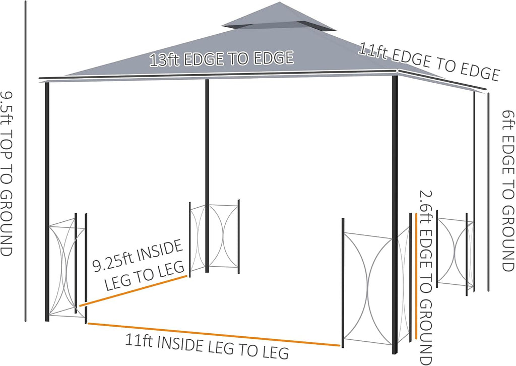 Outsunny 11' x 13' Patio Gazebo, Double Roof Outdoor Gazebo Canopy Shelter with Netting & Curtains, Steel Corner Columns for Garden, Lawn, Backyard and Deck, Gray