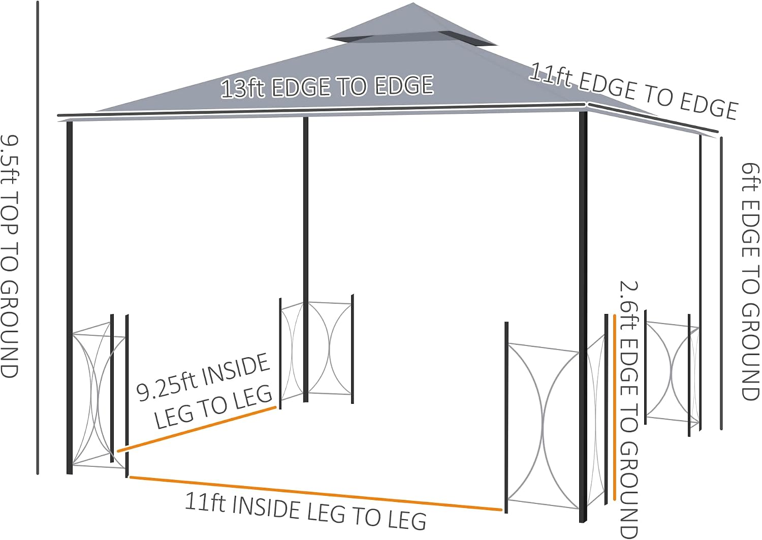 Outsunny 11' x 13' Patio Gazebo, Double Roof Outdoor Gazebo Canopy Shelter with Netting & Curtains, Steel Corner Columns for Garden, Lawn, Backyard and Deck, Gray