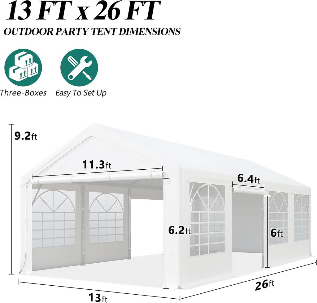 GARTOO 13' x 26' Heavy Duty Party Tent - Event Shelter Canopy Outdoor Wedding Gazebo with 4 Sand Bags for Wedding, Birthday Party, Outdoor Event