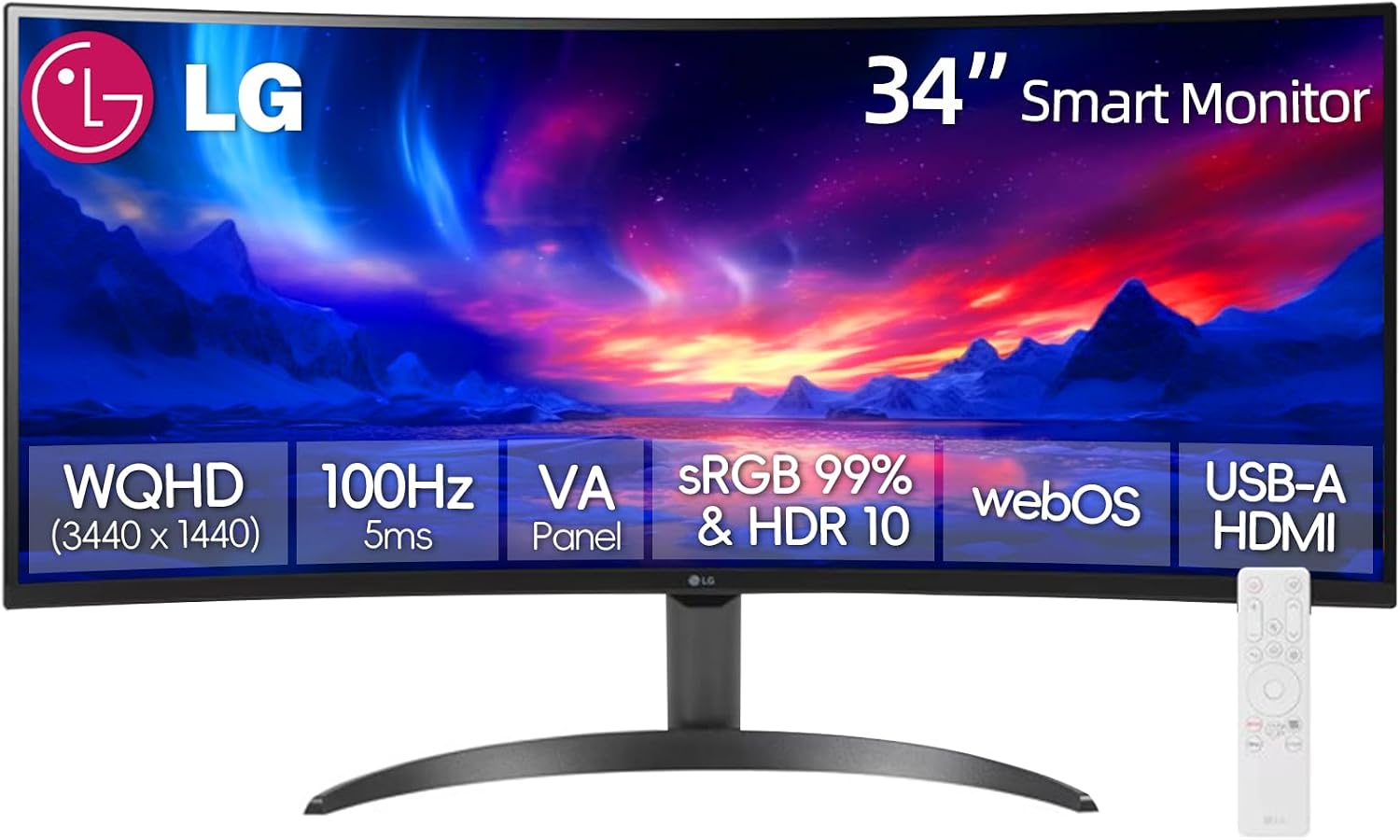 LG 34 Inch WQHD (3440x1440) Curved Smart Monitor, 100Hz, 5ms, HDR10, webOS 23, Screen Share, Built-in Speakers, AirPlay 2, Flicker Free, Includes Wireless Screen Mirroring, HDMI, USB-A,Black