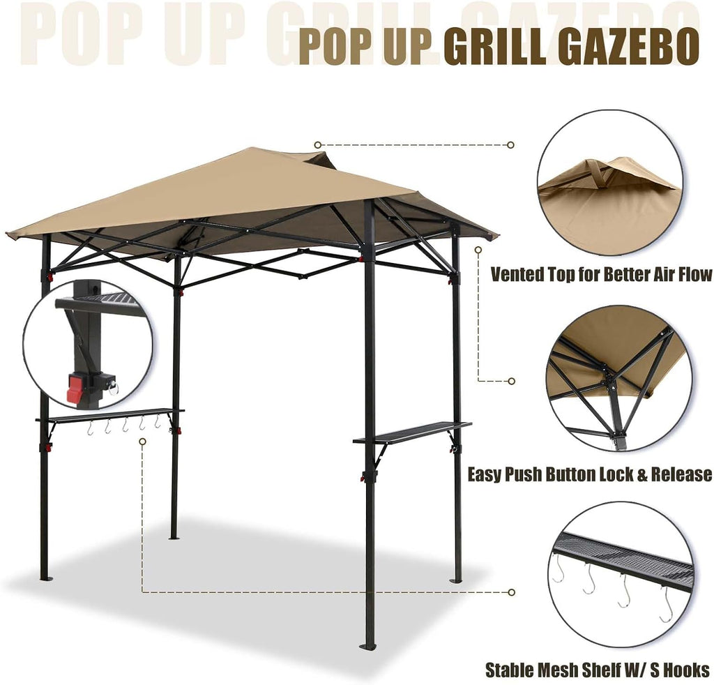 EAGLE PEAK 8x5 Pop up Grill Gazebo with Carry Bag, Instant Outdoor BBQ Canopy Tent with Air Vent for Barbeque, Picnic and Patio, Beige