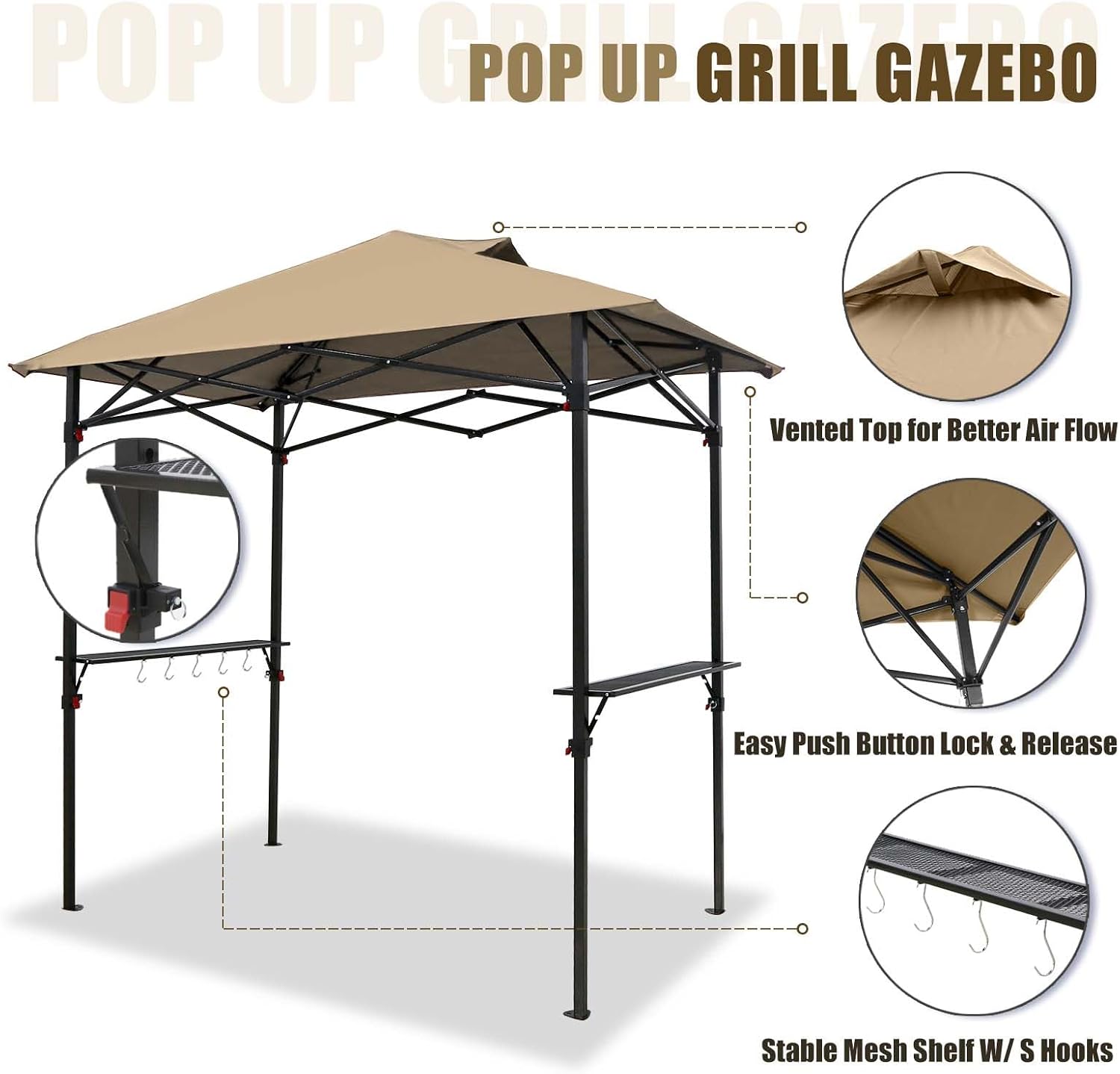 EAGLE PEAK 8x5 Pop up Grill Gazebo with Carry Bag, Instant Outdoor BBQ Canopy Tent with Air Vent for Barbeque, Picnic and Patio, Beige