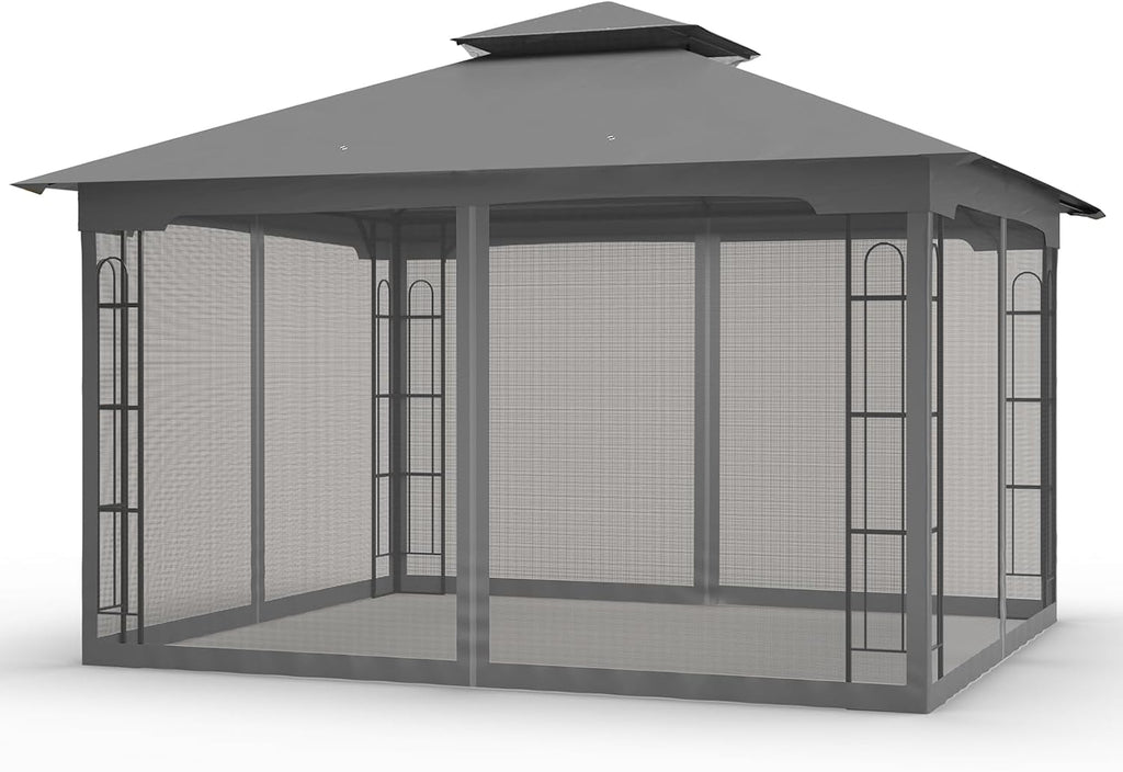 COOS BAY 10x12 Outdoor Patio Gazebo with Netting, Two Tier Water Resistant Canopy for Backyard, Gray