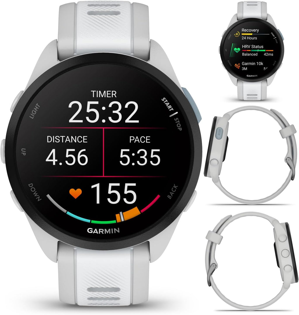 Garmin Forerunner 165 Running Smartwatch, Colorful AMOLED Touchscreen, Training Metrics and Recovery Insights Includes PowerPack and Adapters Bundle, Mist Gray/Whitestone