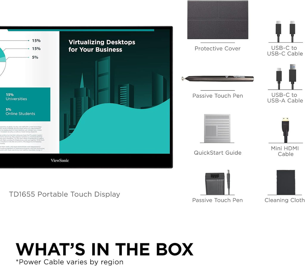 ViewSonic TD1655 15.6 Inch 1080p Touchscreen Portable Monitor, IPS Display for Interactive Workflows and Second Screen Productivity, Built-in Stand, 60W USB-C, mini HDMI, and Smart Cover