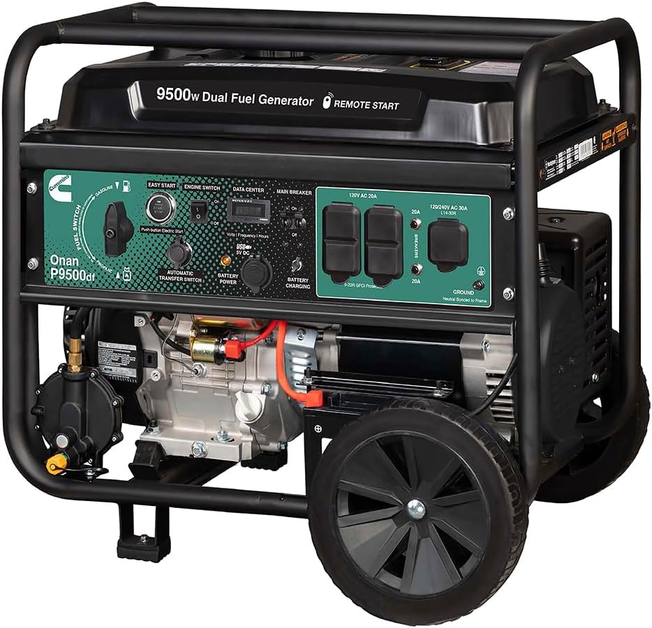 Cummins Onan P9500df Dual Fuel Portable Generator – 9500-Watt Gas & Propane Power, Electric Start, Ultra-Quiet, RV Ready, Emergency Backup for Home, Jobsite & Outdoor Use
