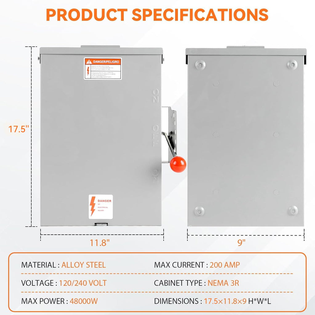 200 Amp Manual Transfer Switch, 120/240V 48000W Transfer Switches for Outdoor and Indoor Use, Heavy Duty Construction, Enlarged NEMA 3R Enclosure, Reliable and Stable, Multiple Safety Protections