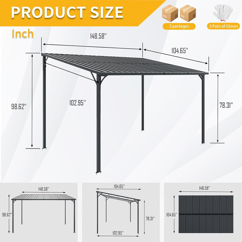 Patio Lean to Gazebo with Galvanized Steel Roof, 12x8 FT Outdoor Metal Wall-Mounted Pergola for Garden, Lawn, Poolside, Backyard Deck