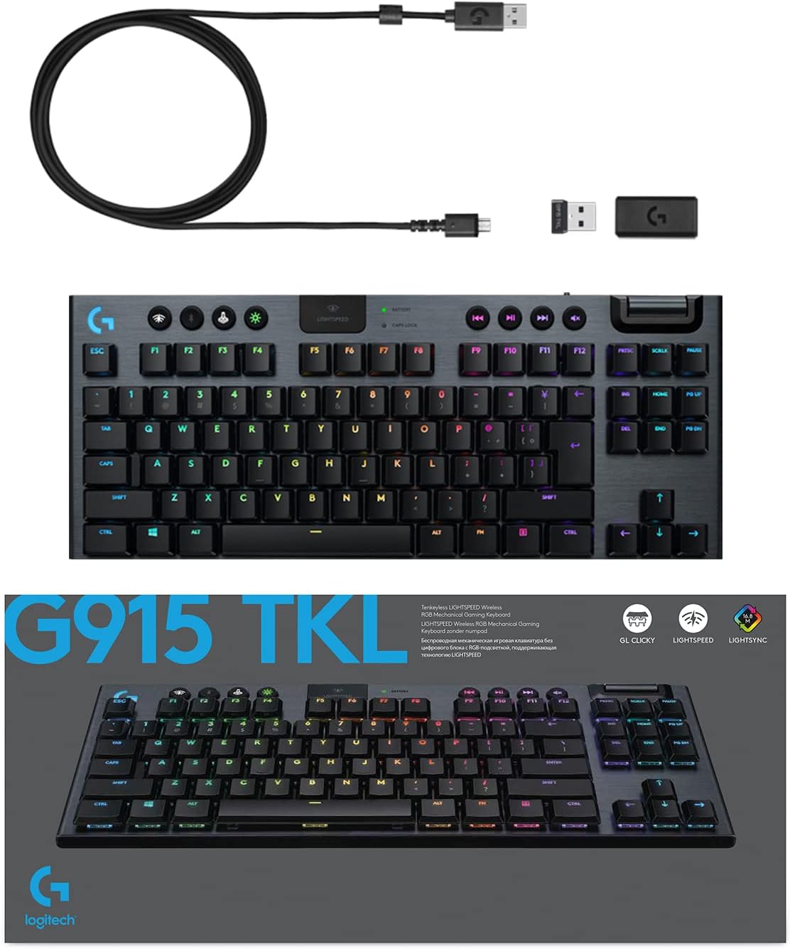 Logitech G915 TKL Tenkeyless Lightspeed Wireless RGB Mechanical Gaming Keyboard, Low Profile Switch Options, Lightsync RGB, Advanced Wireless and Bluetooth Support - Clicky