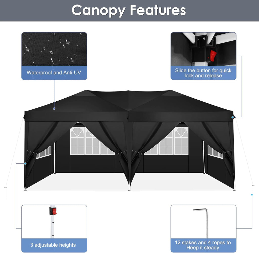 COBIZI 10x19ft Pop Up Canopy, Fully Waterproof Canopy Tent, 10x20 Canopy with Sidewalls, Black