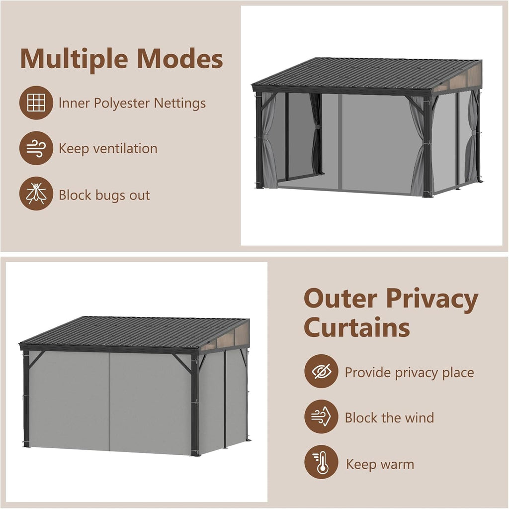 10'x12' Lean to Gazebo, Hardtop Wall Mounted Gazebo with Aluminum Frame, Slpoing Galvanized Steel Roof Wall Gazebos Pergola with Curtains and Netting for Patio,Decks, Garden and Lawn