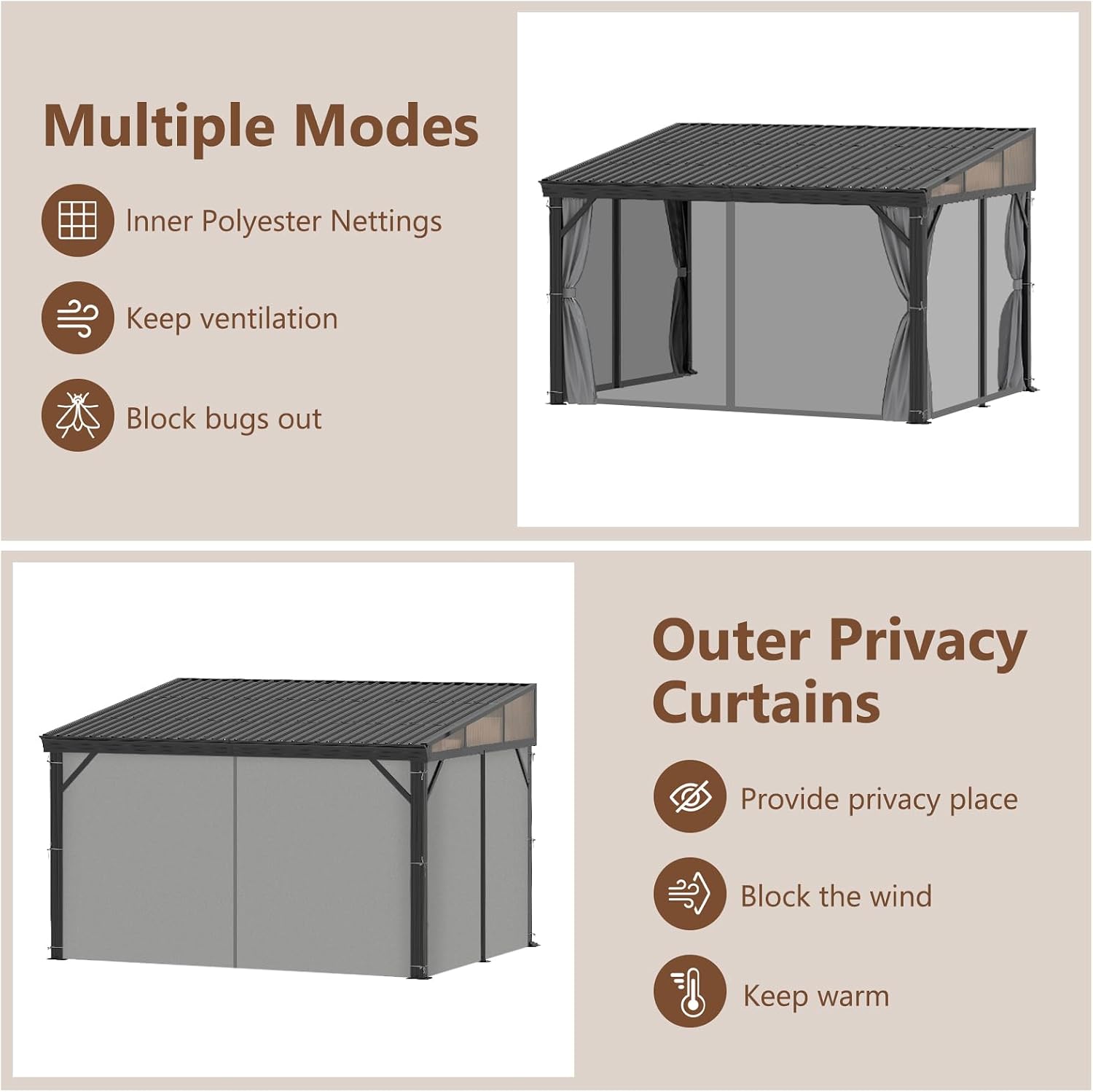 10'x12' Lean to Gazebo, Hardtop Wall Mounted Gazebo with Aluminum Frame, Slpoing Galvanized Steel Roof Wall Gazebos Pergola with Curtains and Netting for Patio,Decks, Garden and Lawn