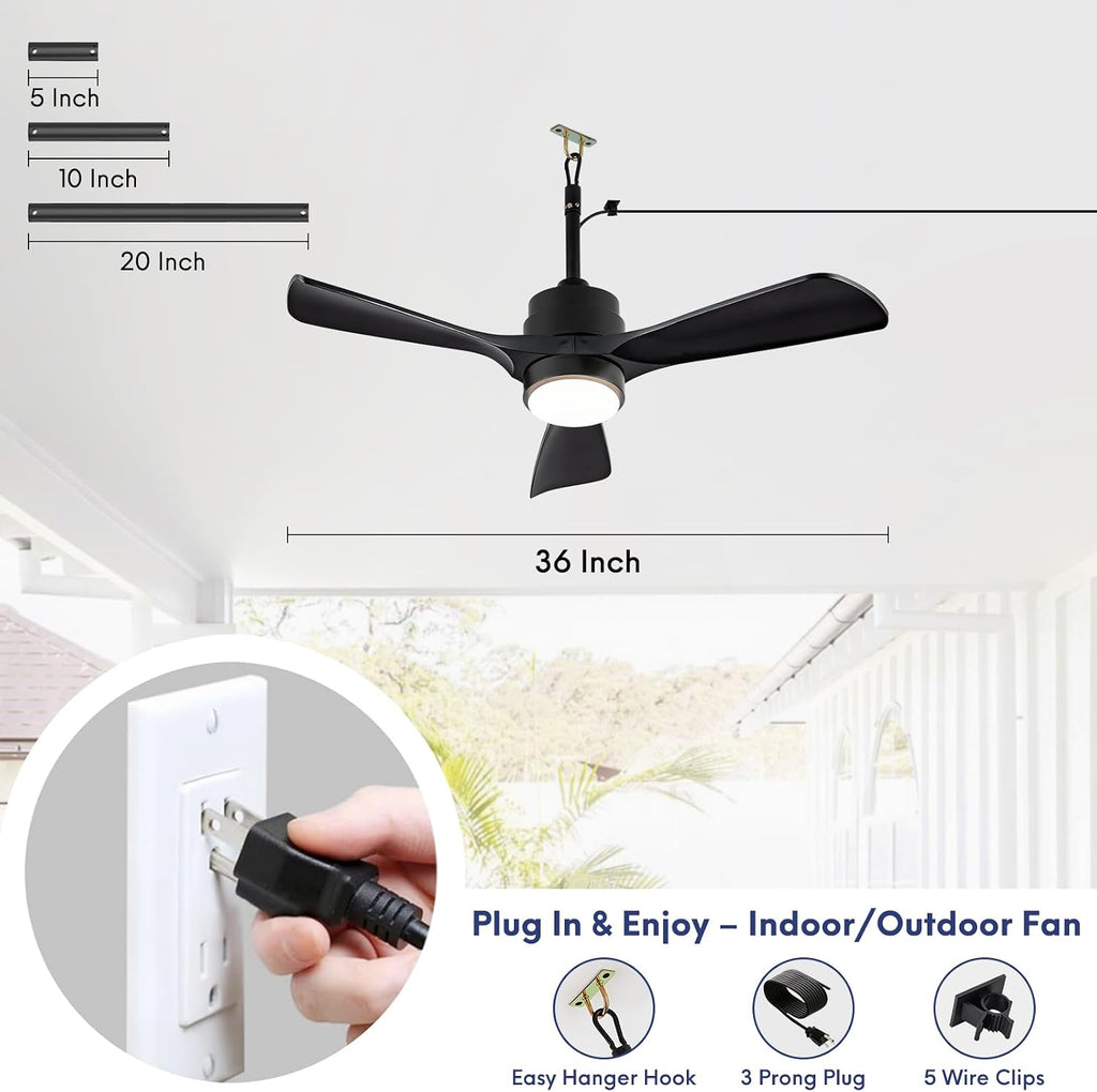 36' Gazebo Fans Outdoor Hanging with Remote, Outdoor Ceiling Fan for Patios with Light Waterproof, Plug in Cord Outlet Hook Wet Rated for Outside Porch, Pergola, Garage-Black Matte