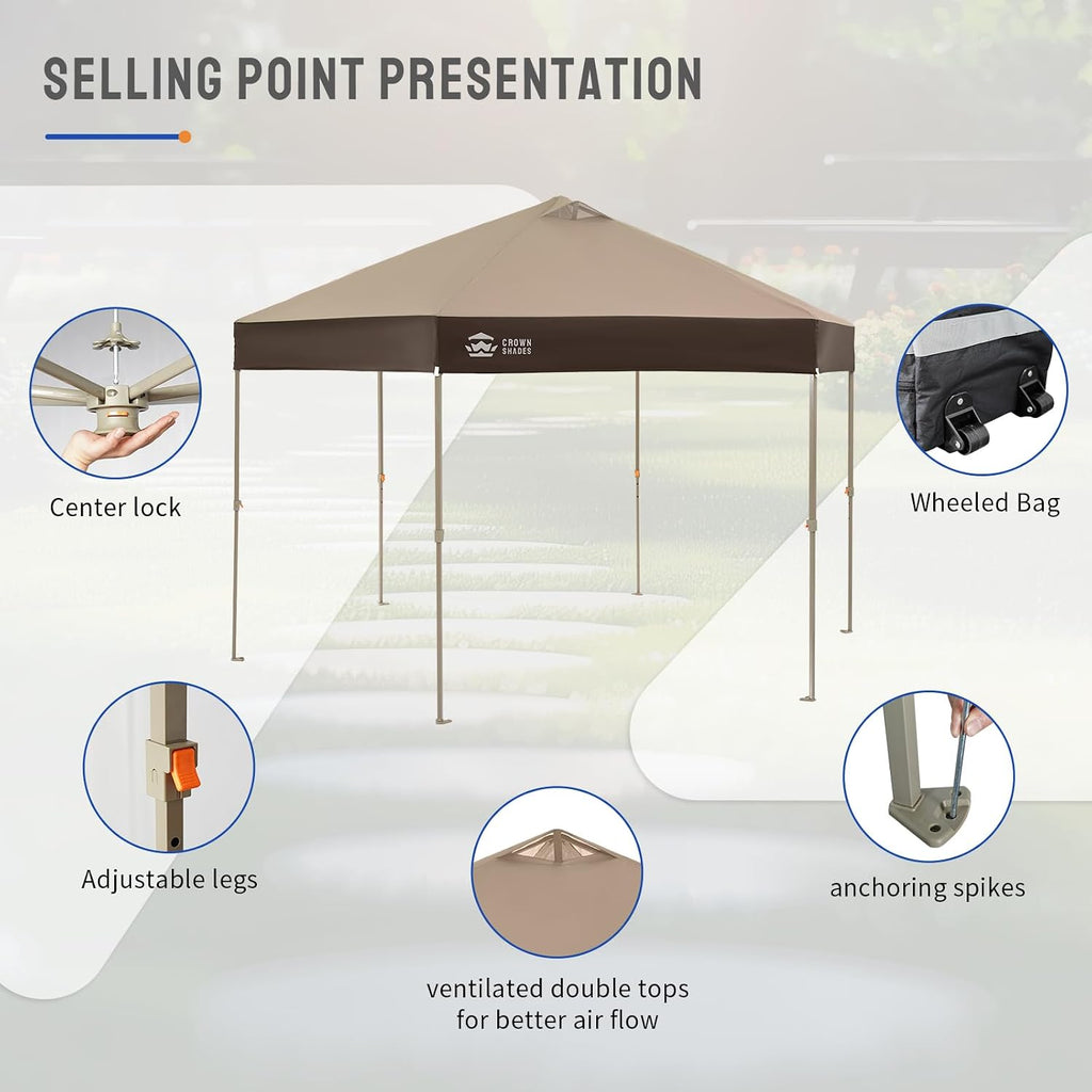 CROWN SHADES 14x14 Pop up Gazebo, Patented Center Lock 6-Sided Portable Gazebo, Easy Set Up, 300D Silver-Coated Fabric UV Resistant, Pop Up Canopy Tent for Patio, Outdoor Activities, Beige&Coffee