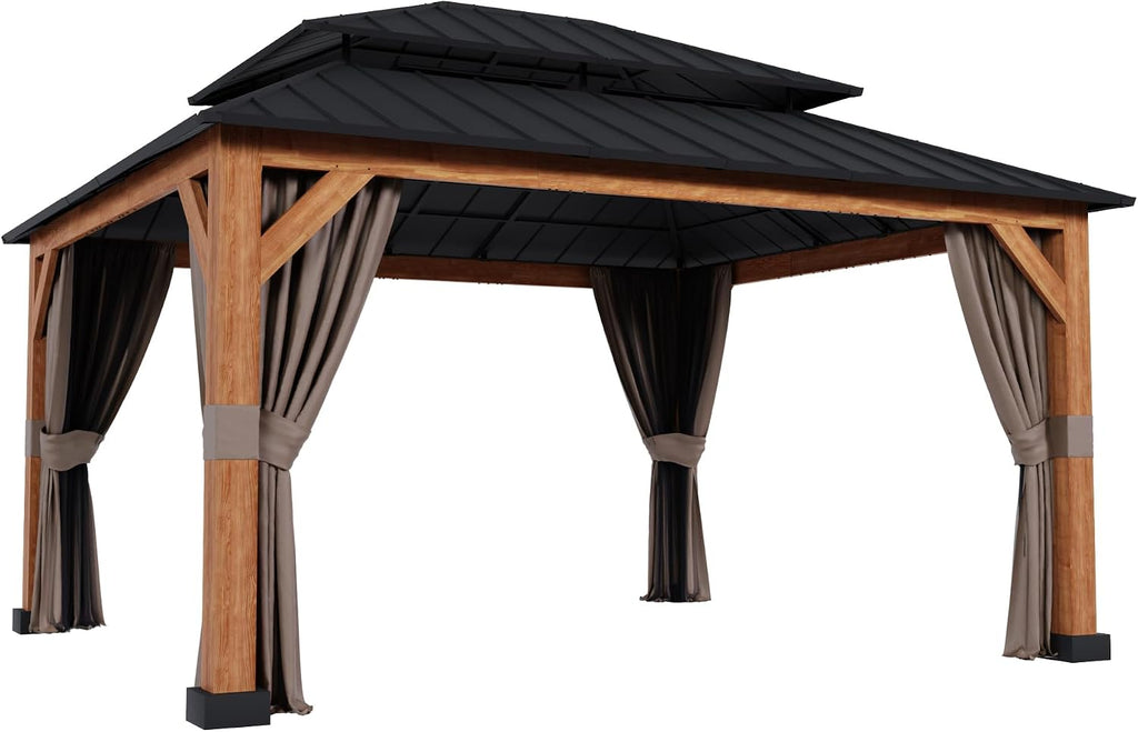 13' x 15' Double Hardtop Gazebo - Outdoor Thermal Transfer Wood-Looking Aluminum Gazebo with Double Hardtop, Privacy Curtains and Mosquito Nettings Included, for Patio, Garden, Backyard