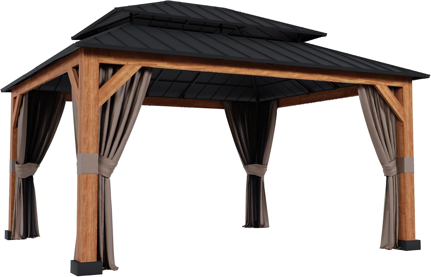 13' x 15' Double Hardtop Gazebo - Outdoor Thermal Transfer Wood-Looking Aluminum Gazebo with Double Hardtop, Privacy Curtains and Mosquito Nettings Included, for Patio, Garden, Backyard