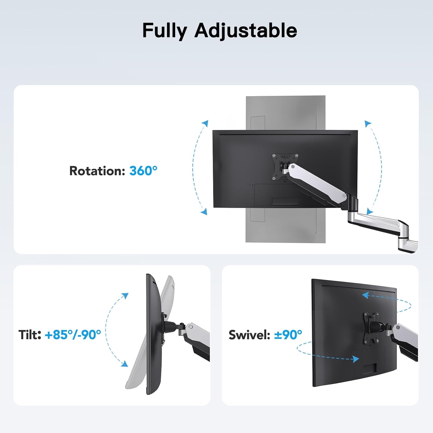HUANUO Gaming Triple Monitor Stand, Full Motion Articulating Triple Monitor Mount Fit 17 to 32 inch Flat/Curved LCD Computer Screens with Clamp, Grommet Kit, Silver