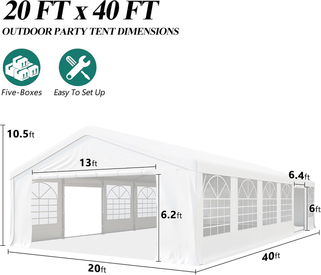 GARTOO 20' x 40' Outdoor Party Tent – Heavy Duty Wedding & Event Canopy Gazebo with 4 Sandbags for Backyard Celebrations, Outdoor Event, Wedding, Birthday Party