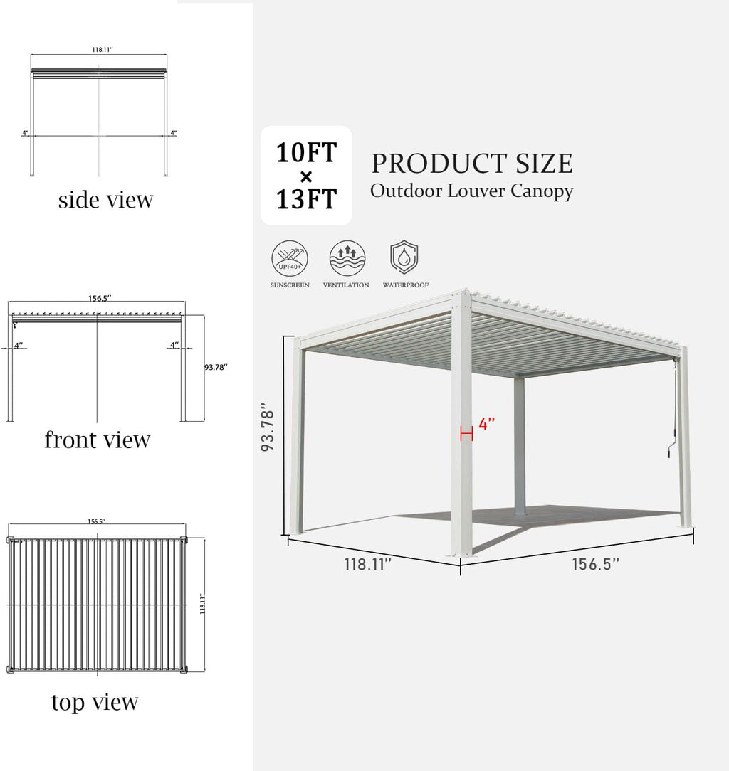 Domi Louvered Pergola 10×13 FT, Outdoor Aluminum Pergola with Adjustable Rainproof Roof and Drainage System, Metal Pergola Gazebo for Patio, Deck, Backyard, White