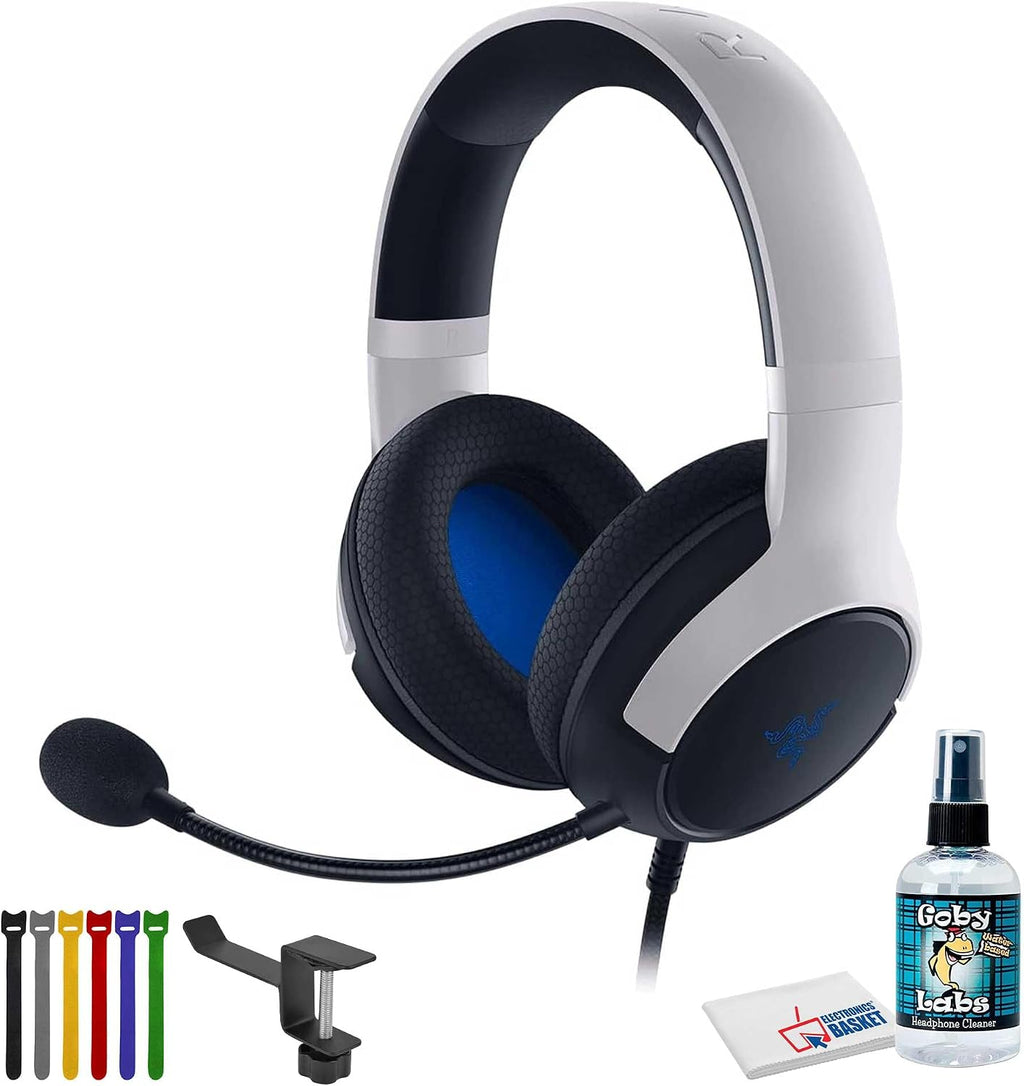 Razer Kaira X Wired Gaming Headset for PS5, PS4, Mac PC, Mobile - White and Black Bundle Including: Headphone Holder, Headphone Cleaner, Cable Ties, Fiber Cloth
