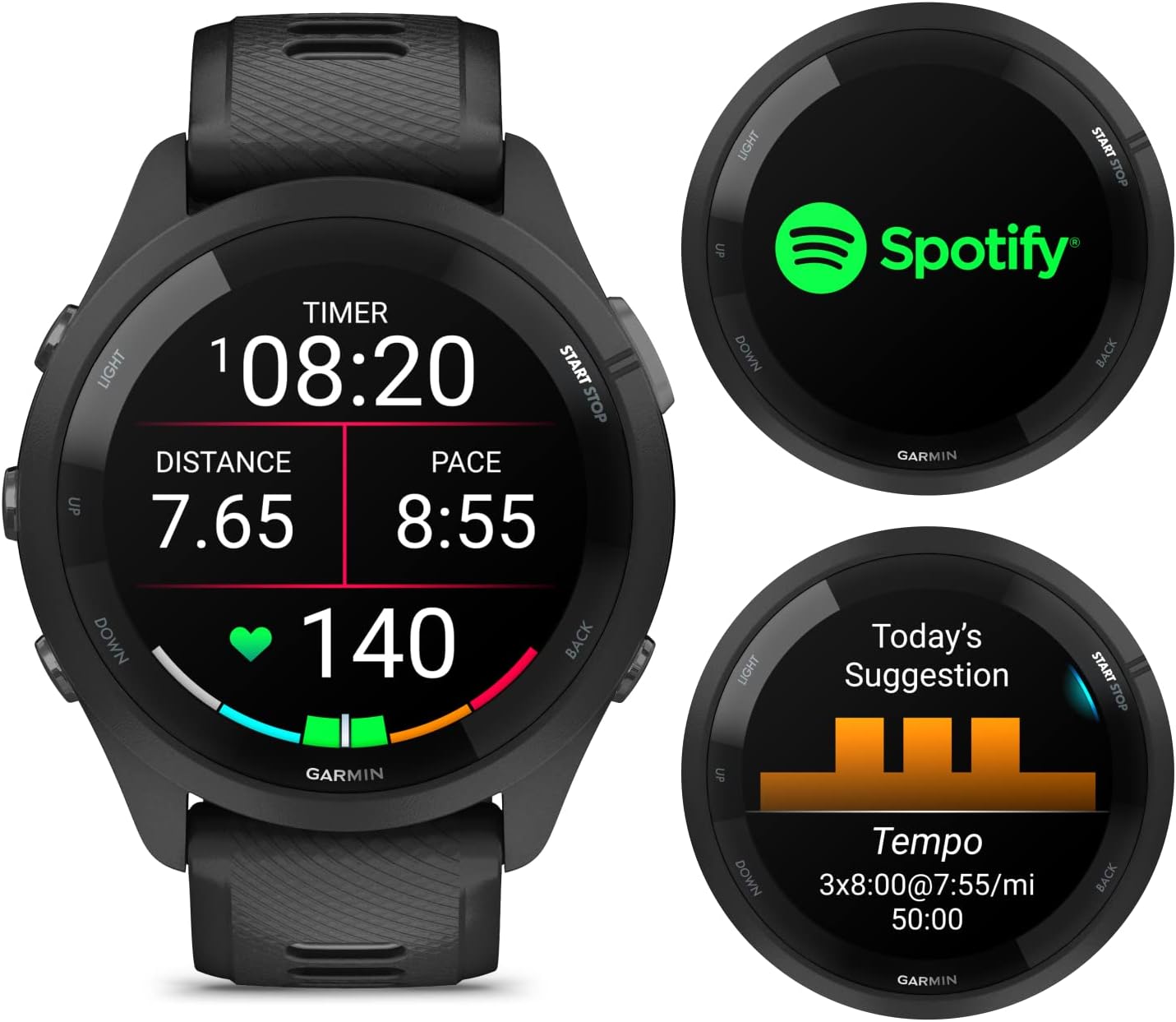 Garmin Forerunner 265 Music GPS Running 46 mm Smartwatch, Black with AMOLED 1.3 in Touchscreen Display White Earbuds Bundle, Black +Wht EarBuds