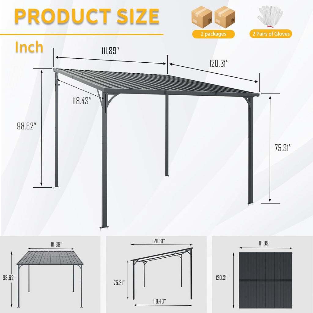 Patio Lean to Gazebo with Galvanized Steel Roof, 10x10 FT Outdoor Metal Wall-Mounted Pergola for Garden, Lawn, Poolside, Backyard Deck