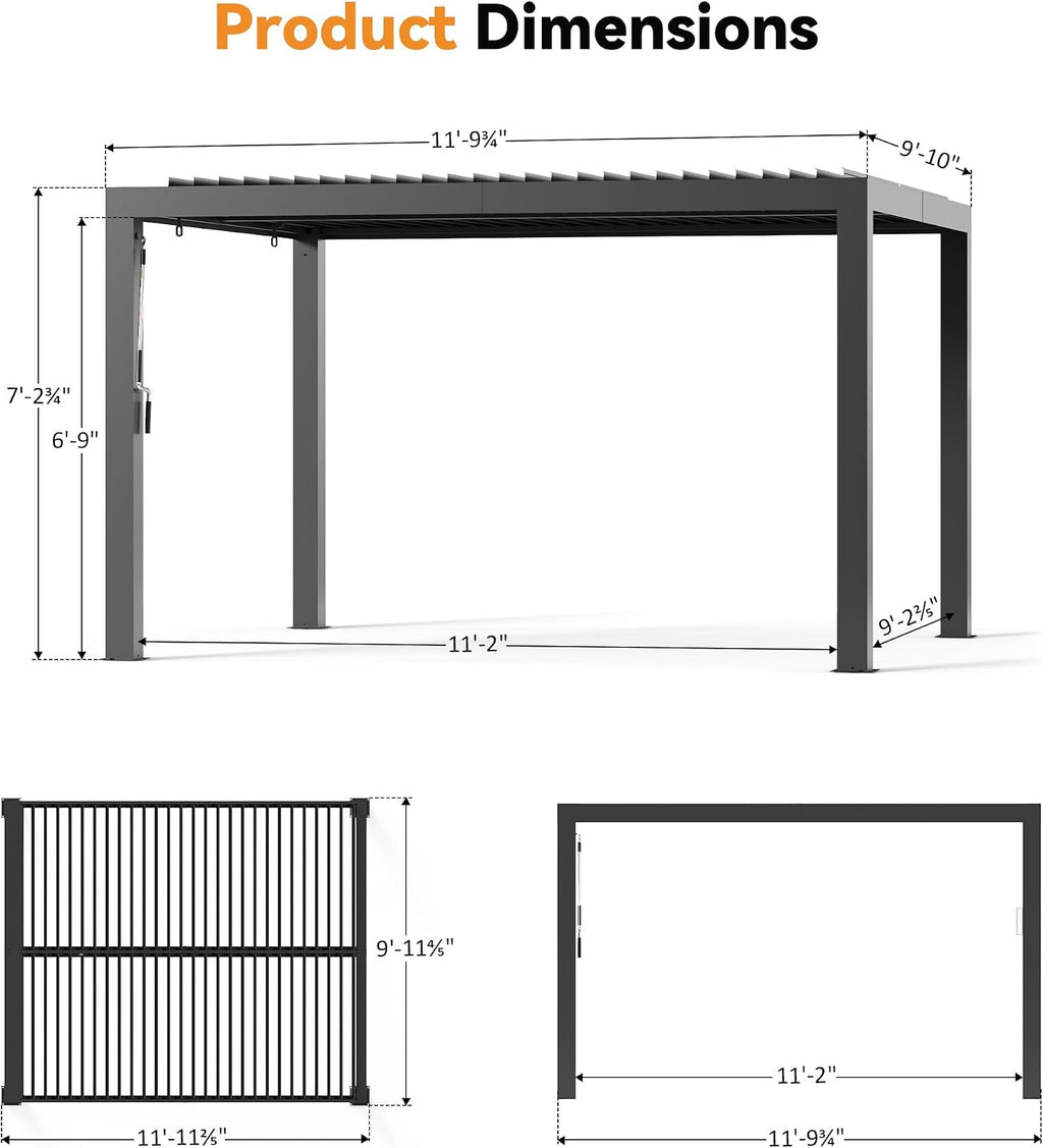 Modern Shade Aurora Louvered Pergola 10'x12' with USB Charging Port Deck, Outdoor Pergola with Integrated Drainage, Netting and Curtains for Patio Deck Garden, Easy Assembly, Black