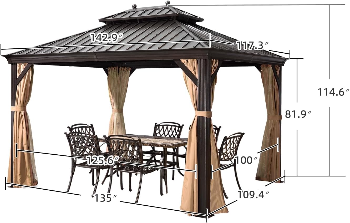 PURPLE LEAF 10' X 12' Hardtop Gazebo Canopy for Patio Deck Backyard Heavy Duty Outside Sunshade with Netting and Curtains Outdoor Permanent Metal Pavilion