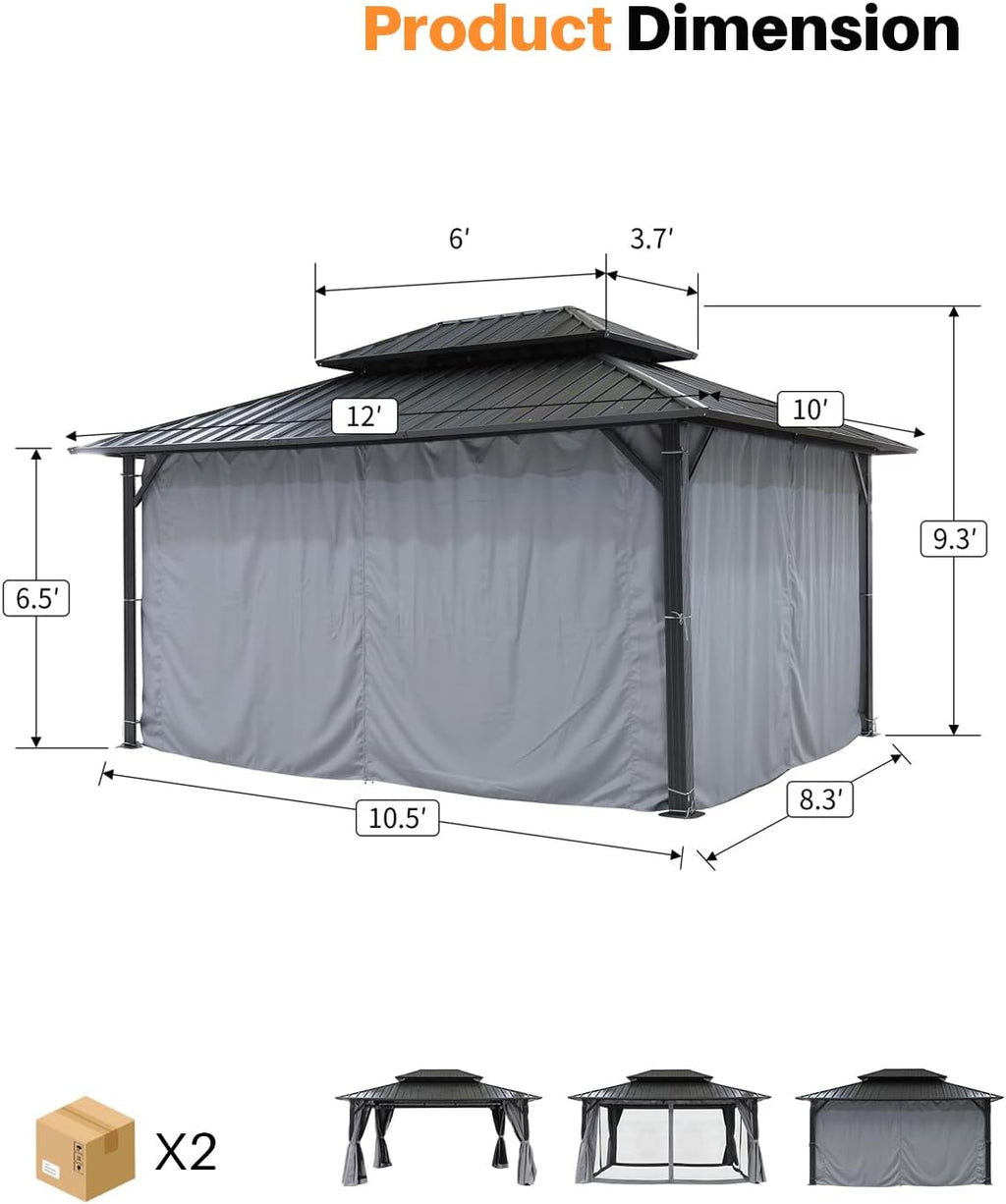 10' x 12' Hardtop Gazebo, Aluminum Frame Outdoor Patio Gazebo with Netting and Curtains, Outdoor Hardtop Gazebos, Patio Pergolas with Double Metal Roofs for Backyard, Patio, Deck, Slate Gray
