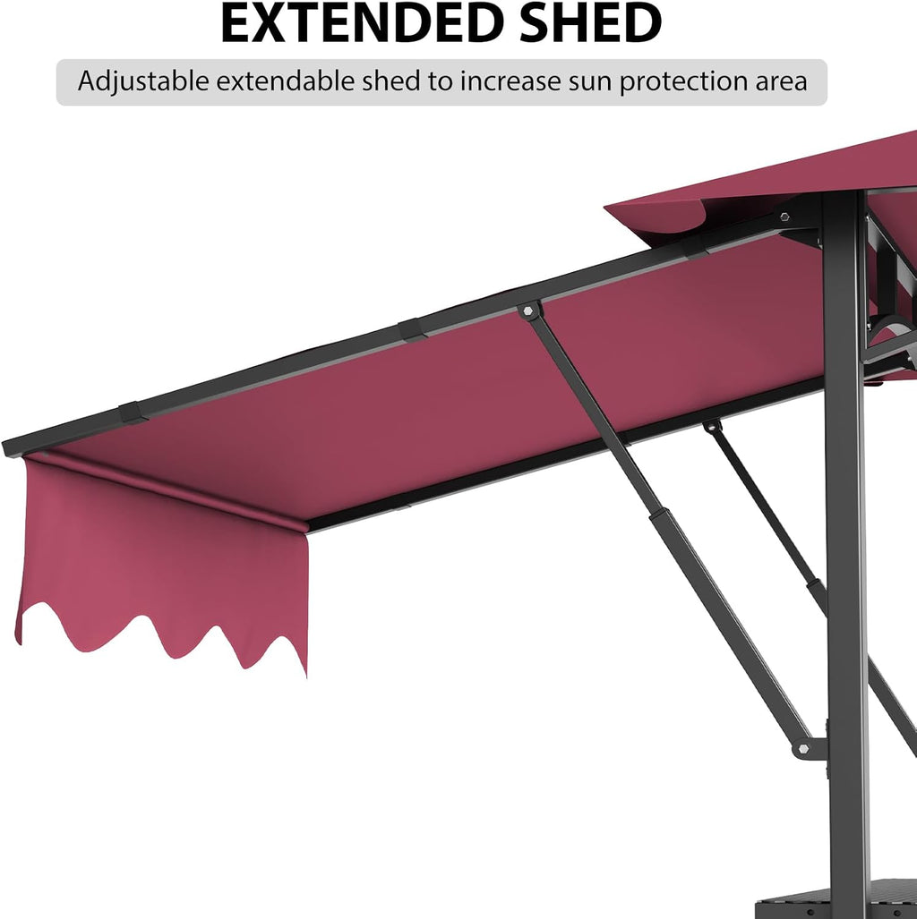 Grill Gazebo, Outdoor BBQ Canopy with Double Extra Awning, Double Tiered Roof Grill Canopy Tent with LED Lights, Weather Resistant Gazebo Shelter for Backyard, Lawn and Patio,Claret