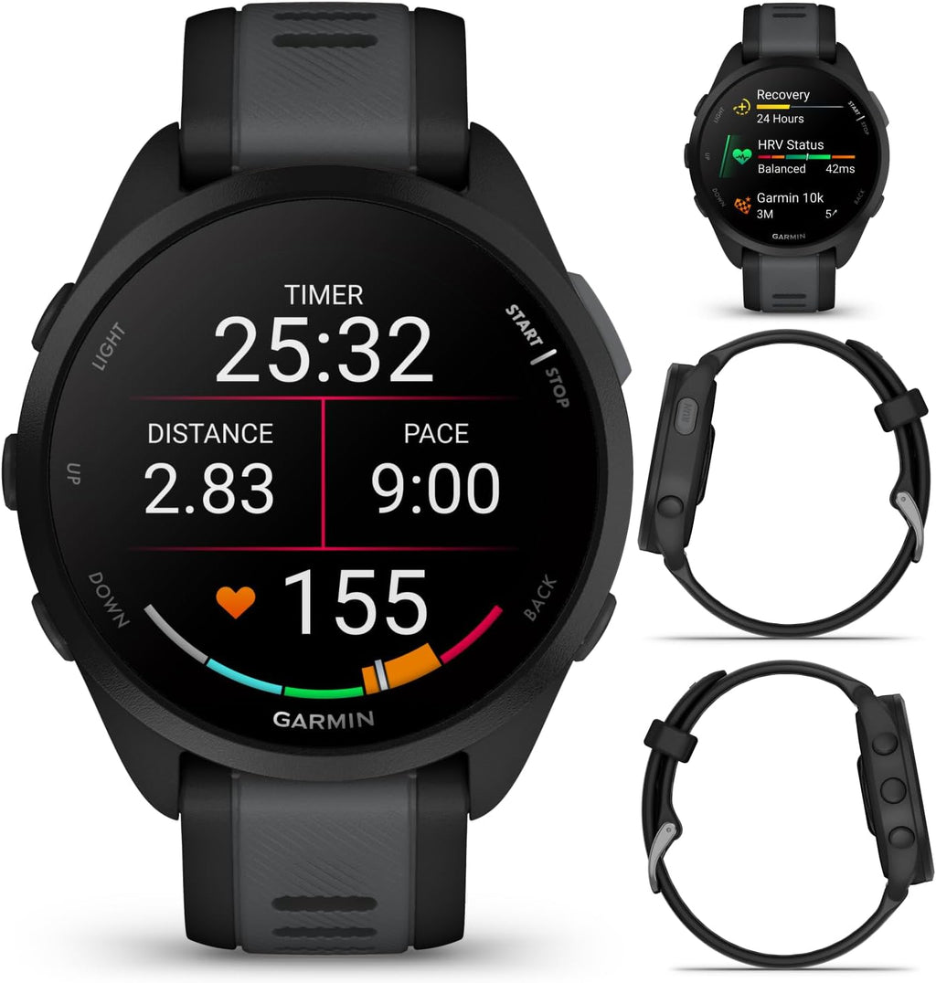 Garmin Forerunner 165 Running Smartwatch, Colorful AMOLED Touchscreen, Training Metrics and Recovery Insights Includes PowerPack, Adapters Bundle, Black/Slate Gray