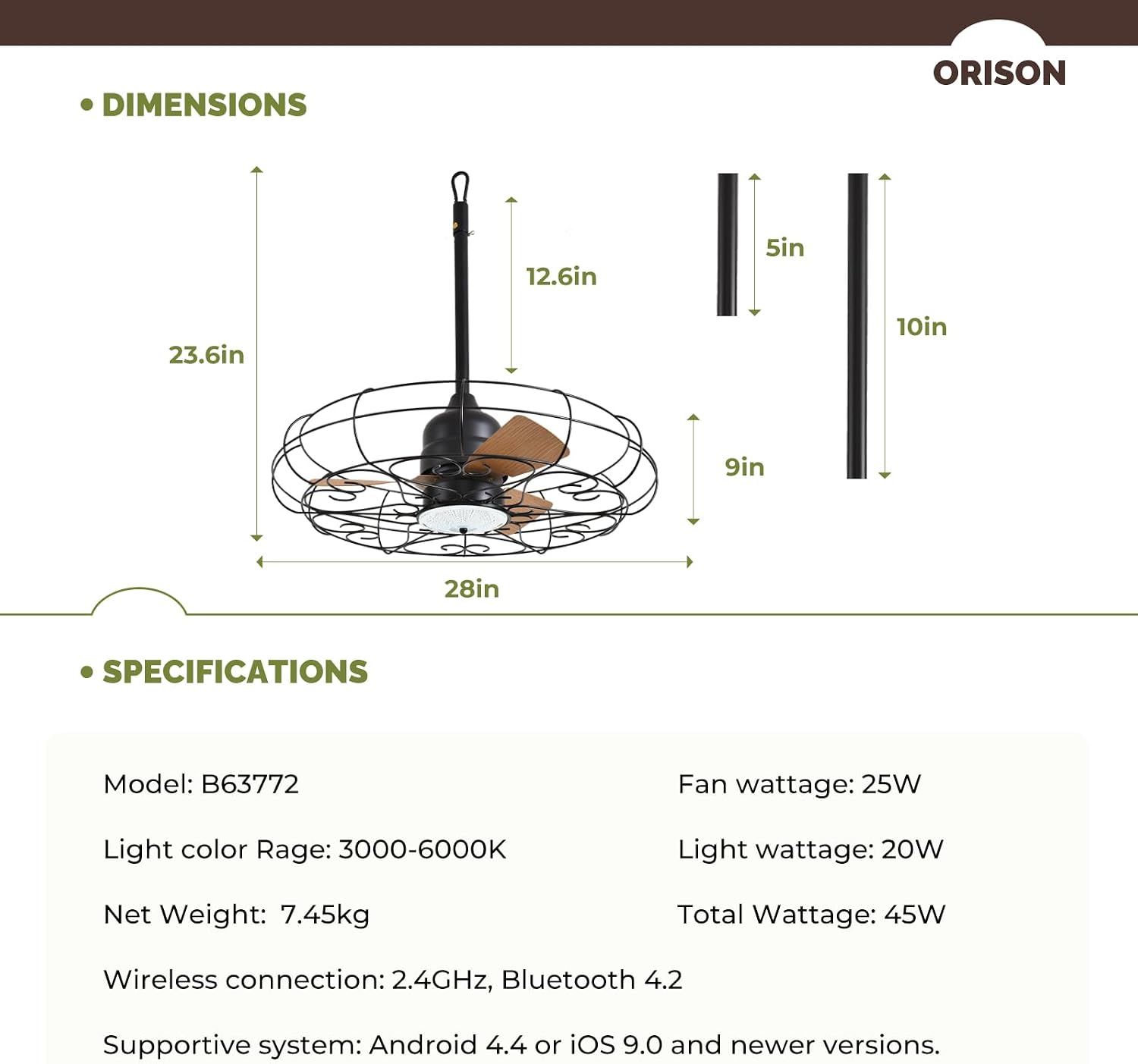 Orison Outdoor Ceiling Fans with Light, 28'' Wet Rated Outdoor Hanging Fan for Gazebo, Plug in Caged Lighting for Pergola Canopy, Hanging with Hook, 3 Color LED Light, Waterproof (28IN)