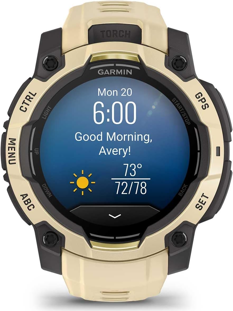 PlayBetter Garmin Instinct 3 Alpine Rush AMOLED (Citrine, 45 mm) Outdoor GPS Smartwatch Gift Box Bundle - Built-in Flashlight, 24/7 Health & Wellness Screen Protectors, Wall Adapter & Case
