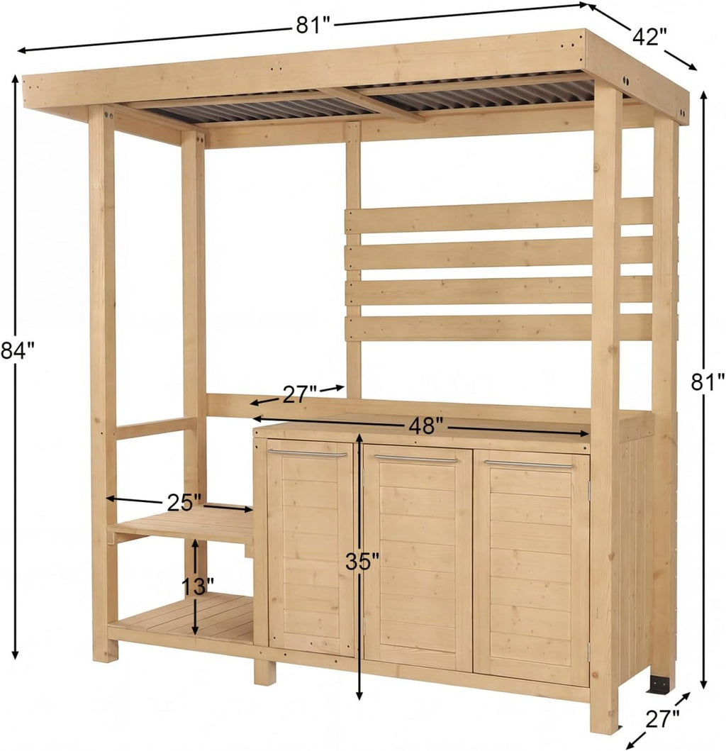 MOUMON 6.7FT Outdoor Grill Gazebo with Trash Bin Cabinet, Cedar Wood BBQ Pavilion with Shelves & Cabinet, Patio Entertain Shade Pavilion for Backyard Garden Beige