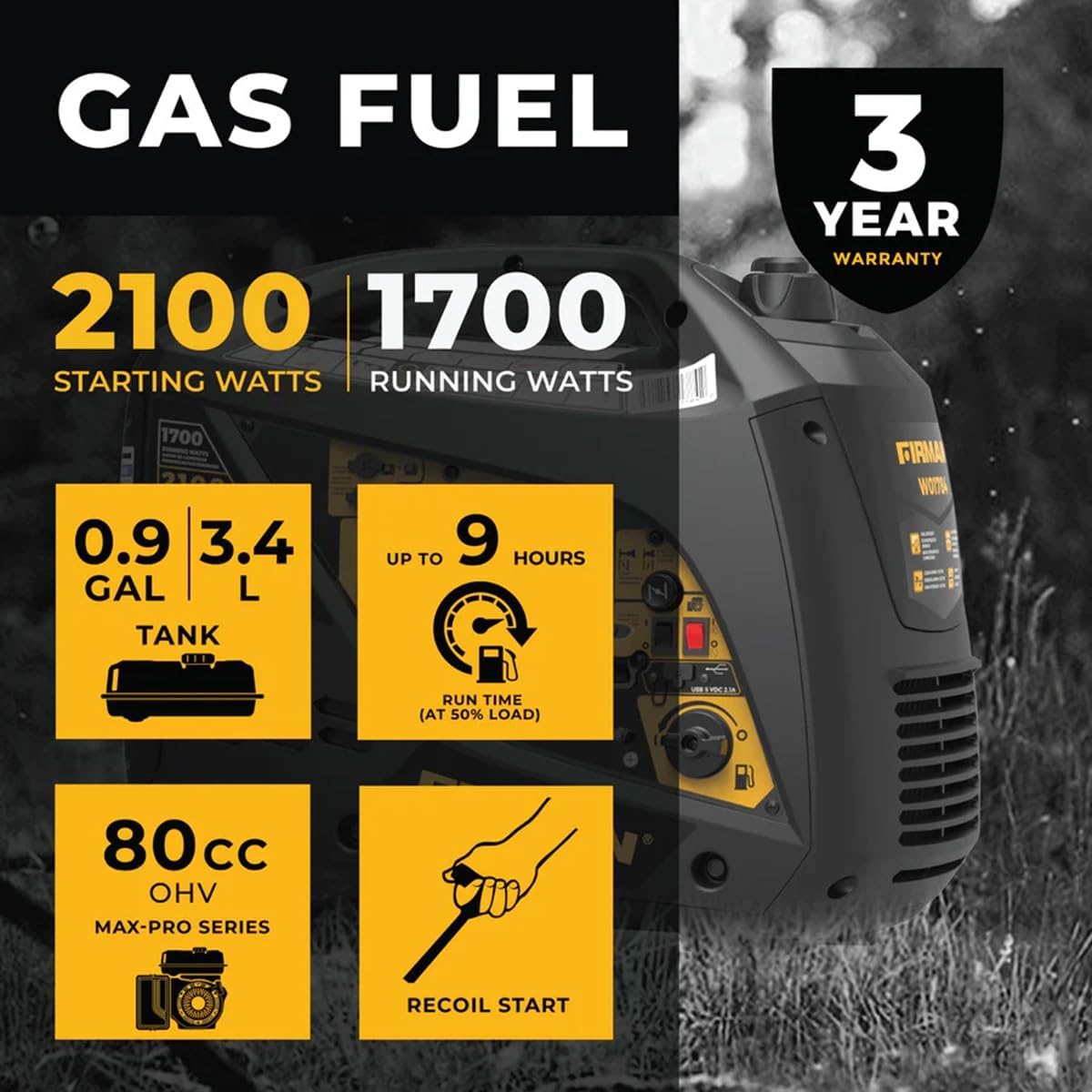 Firman W01784 Portable Generator with Built-in Parallel Kit - 2100/1700W