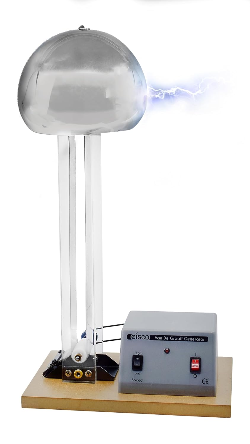 EISCO Van De Graaff Generator, Motor Driven - 120/240V, 50/60Hz - Includes Assembled Base with DC Motor, Power Cord, Discharge Wand, & Accessories - 22' Tall