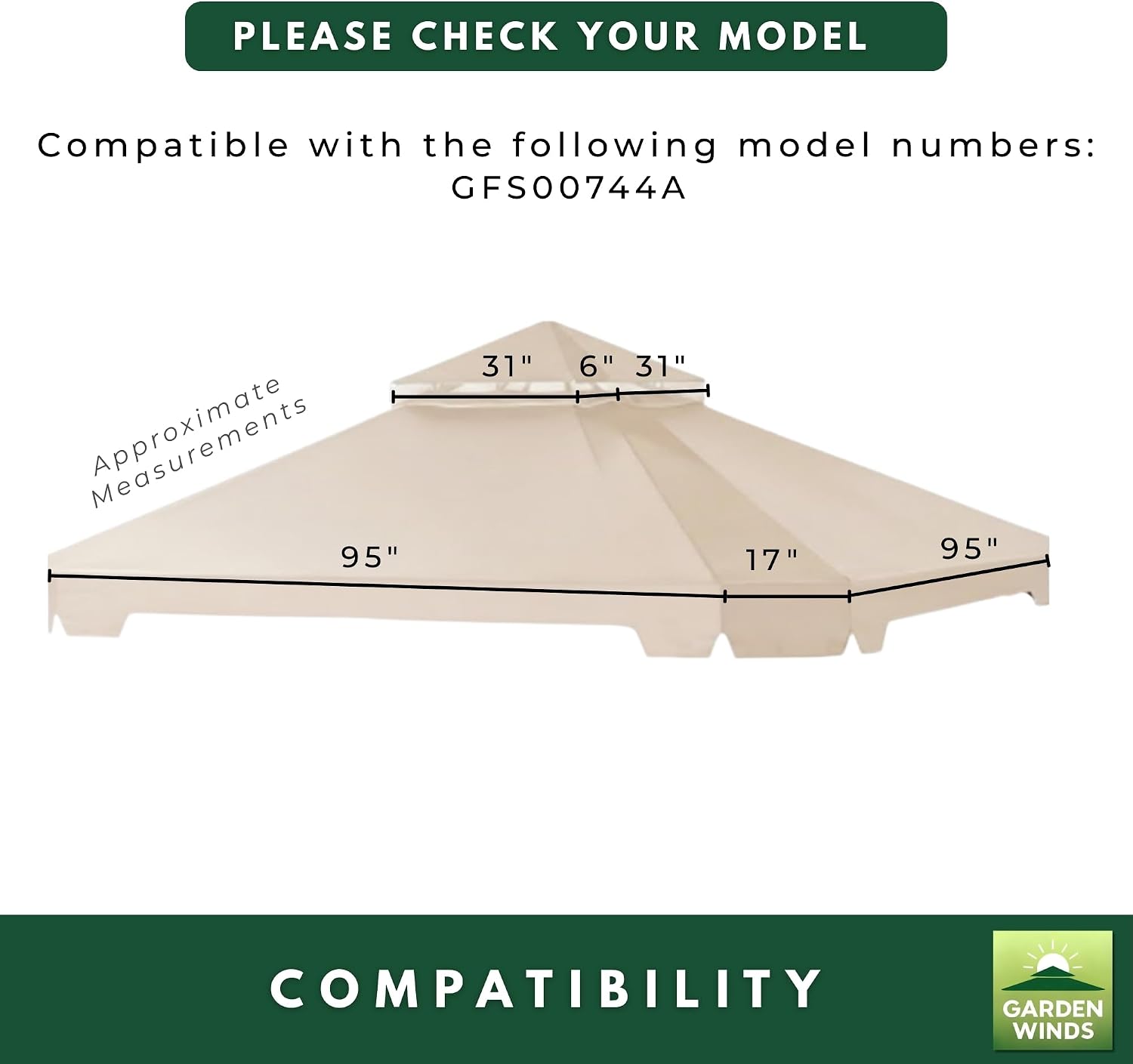 Garden Winds Reinforced RipLock 350 Replacement Canopy Top Cover Compatible with Cottleville 10' x 10' Gazebo Model GFS00744A - Beige