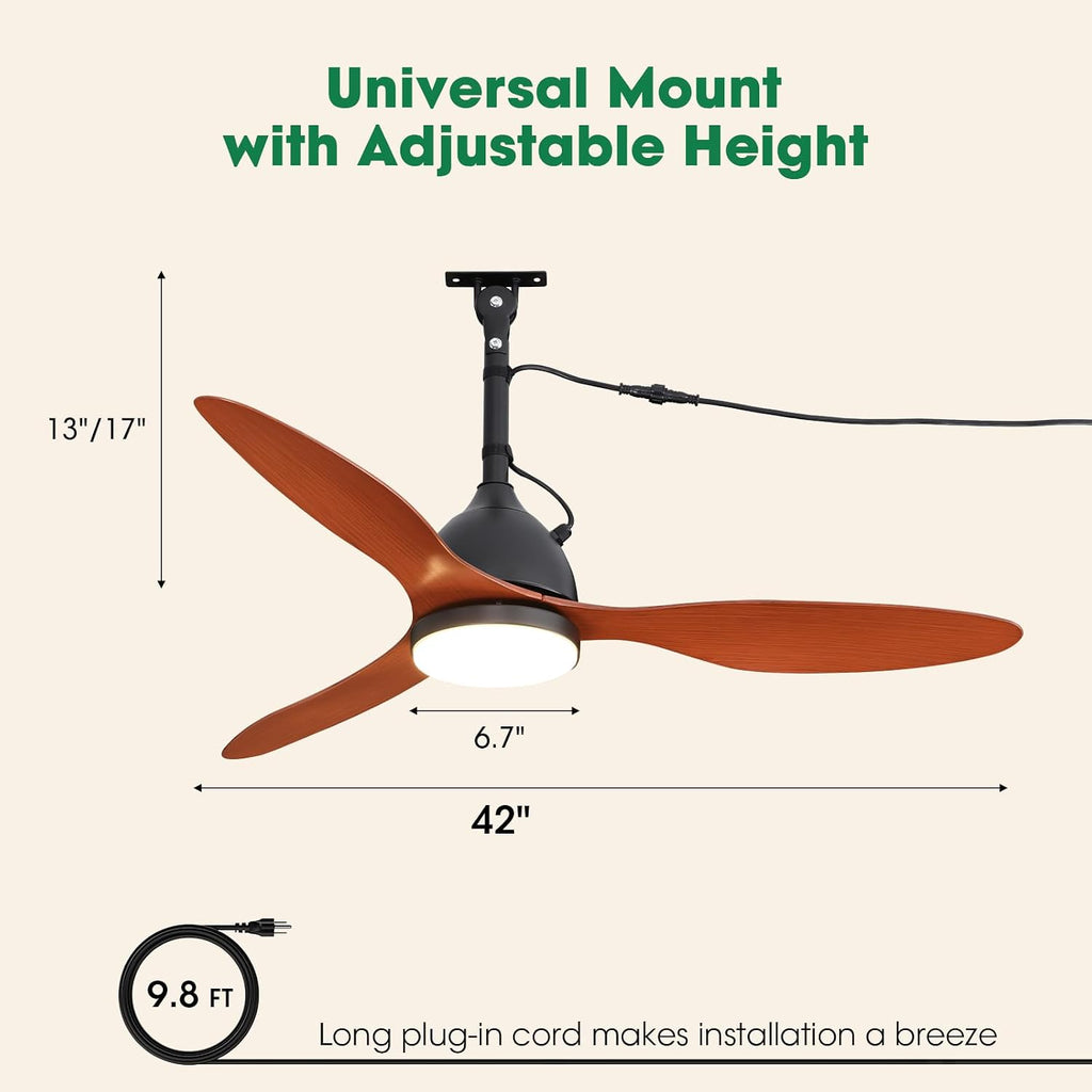 42' Outdoor Ceiling Fan, IP65 Waterproof Gazebo Fan with Light, Remote Control，6 Speeds，3CCT, Plug in Ceiling Fan with Adjustable Hanging Rod for Patio, Porch, Canopy
