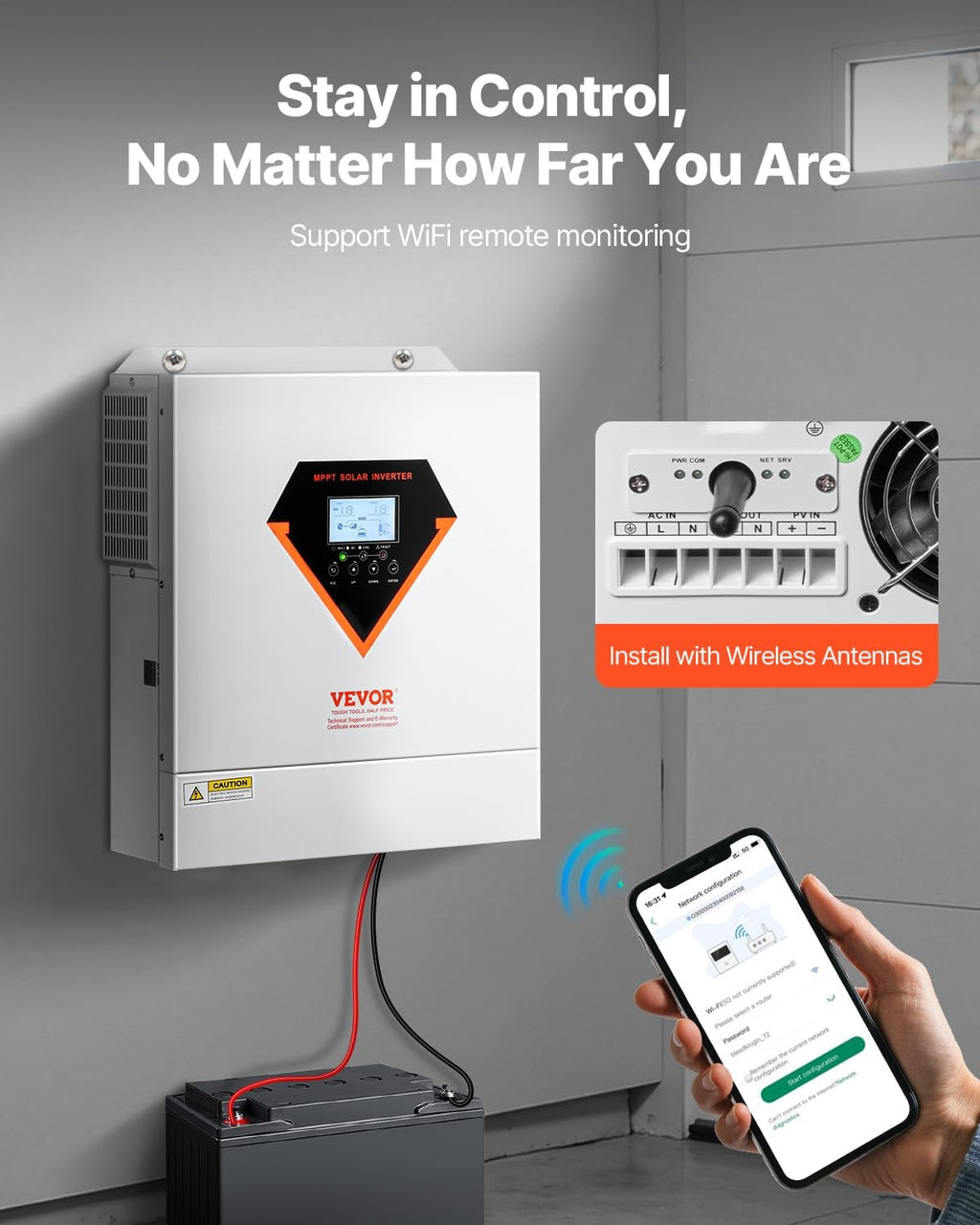 VEVOR Hybrid Solar Inverter, 3000W, Single Phase Pure Sine Wave Power Inverter, 24V DC to 110/120V AC, with Built-in 100A MPPT Solar Charge Controller, for Off-Grid System Lead Acid Lithium Battery