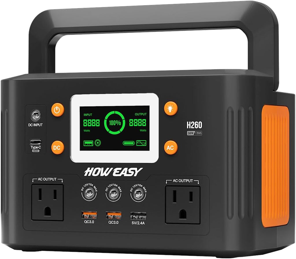 HOWEASY Portable Power Station,260W(500W peak) Solar Generator with PD 65W,110V Pure Sine Wave AC Outlet, 48000mAh Backup Lithium Battery for Outdoor Camping Travel Home Emergency