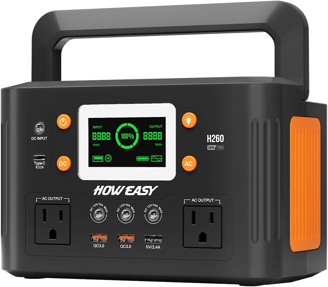 HOWEASY Portable Power Station,260W(500W peak) Solar Generator with PD 65W,110V Pure Sine Wave AC Outlet, 48000mAh Backup Lithium Battery for Outdoor Camping Travel Home Emergency