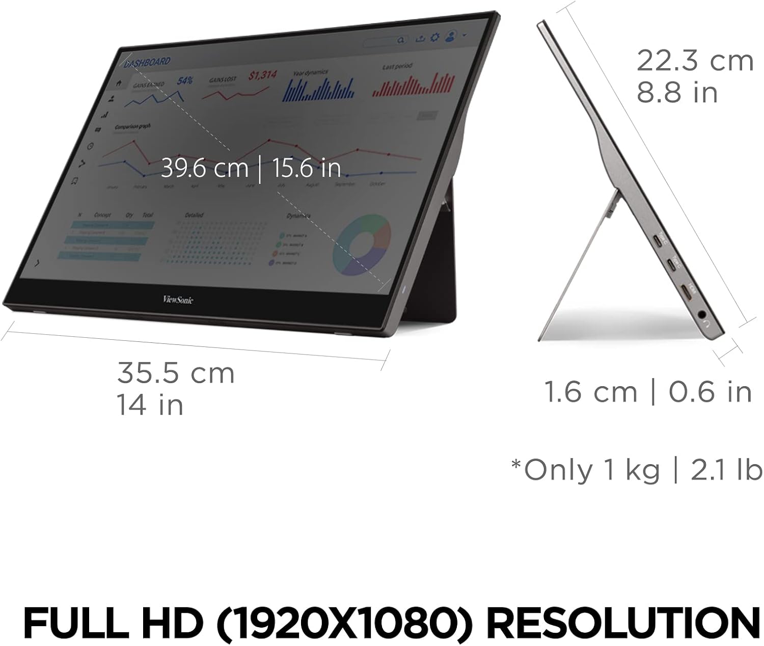 ViewSonic TD1655 15.6 Inch 1080p Touchscreen Portable Monitor, IPS Display for Interactive Workflows and Second Screen Productivity, Built-in Stand, 60W USB-C, mini HDMI, and Smart Cover
