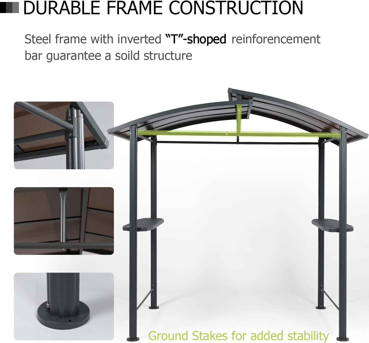 Aoodor 8 x 5 ft. BBQ Grill Gazebo Shelter, Dark Gray Steel Frame and Brown Double-Tier Polycarbonate Top Canopy, with Side Shelves, for Outdoor, Patio, Backyard