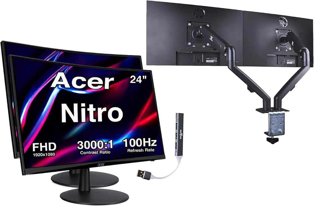 Acer Nitro 24' Monitor, FreeSync 100?Hz FHD 1500R Curve ZeroFrame Design with 1ms Response Time, VESA Mount (100mm), VGA, HDMI & Dockztorm USB Port Expander, Black (2026) Dual Monitor Mount 2 Pack
