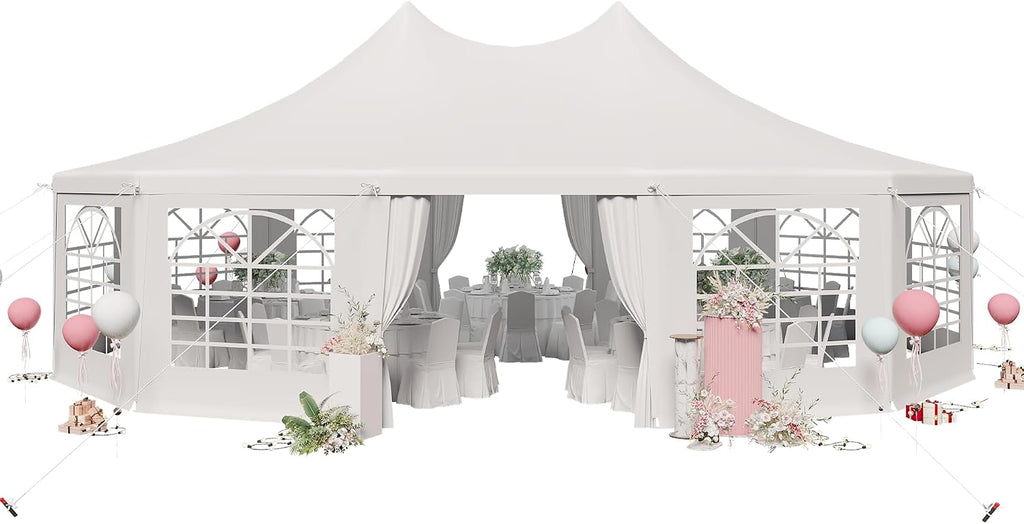 EROMMY 29x23ft Party Tent, White Wedding, Dodecagonal Heavy Duty Canopy with Removable Sidewalls, 10 Church Windows and 2 Pull-Back Doors, Outdoor Gazebo Pavilion Shelter, White