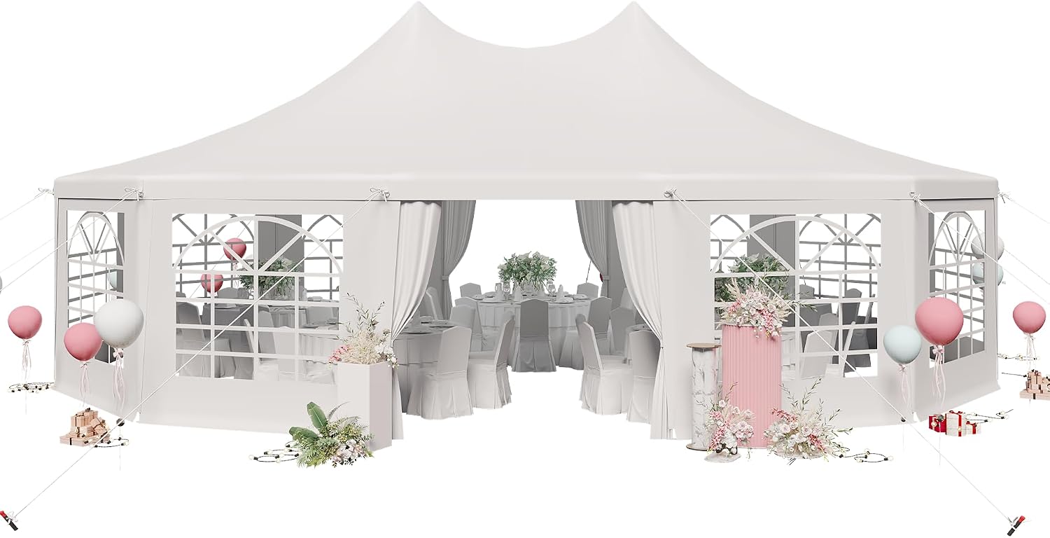 EROMMY 29x23ft Party Tent, White Wedding, Dodecagonal Heavy Duty Canopy with Removable Sidewalls, 10 Church Windows and 2 Pull-Back Doors, Outdoor Gazebo Pavilion Shelter, White