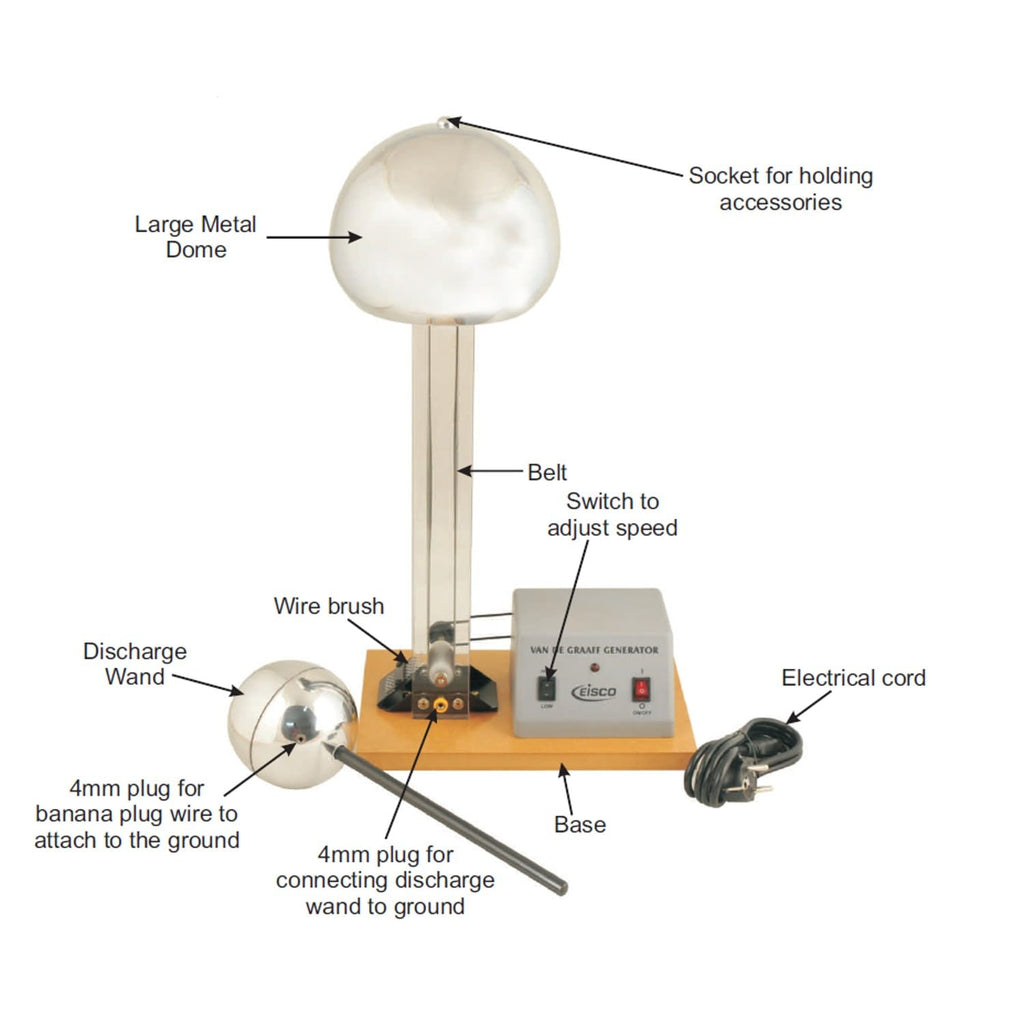 EISCO Van De Graaff Generator, Motor Driven - 120/240V, 50/60Hz - Includes Assembled Base with DC Motor, Power Cord, Discharge Wand, & Accessories - 22' Tall