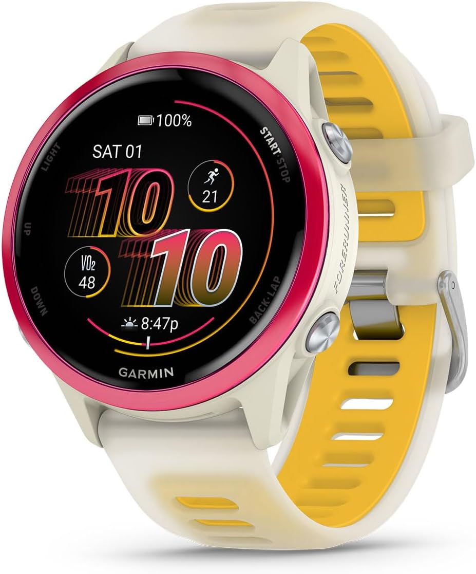 PlayBetter Garmin Forerunner 570 (42 mm, Raspberry/Translucent Bone/Mango) Running GPS Smartwatch - AMOLED Display, Training & Recovery - Bundle Portable Charger & HD Screen Protectors